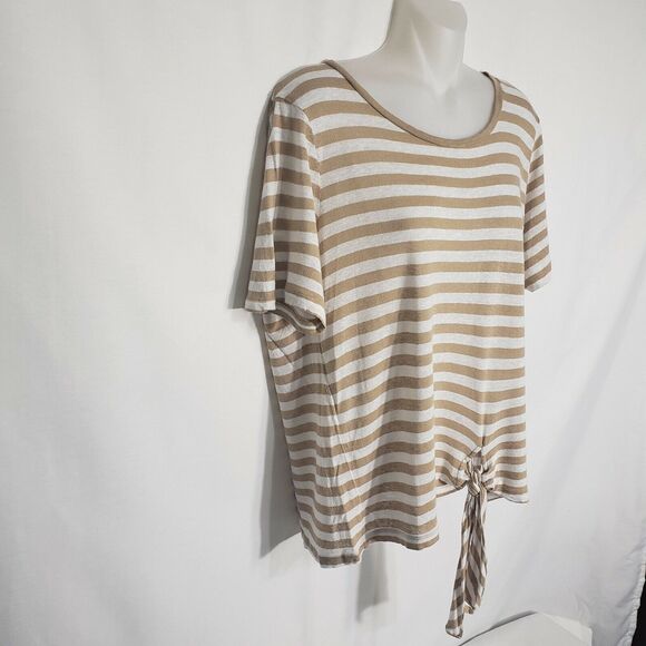 Michael Kors Women's Top Large Striped Linen Blend Beige Front Tie Short Sleeve - Picture 5 of 10